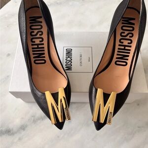 Moschino Black Heels with Gold Logo Accent